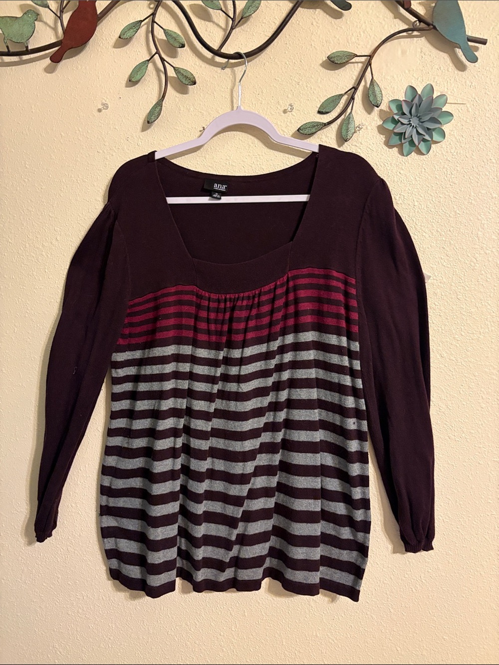 a.n.a Women's Burgundy Scoop Neck Striped Knit Sweater